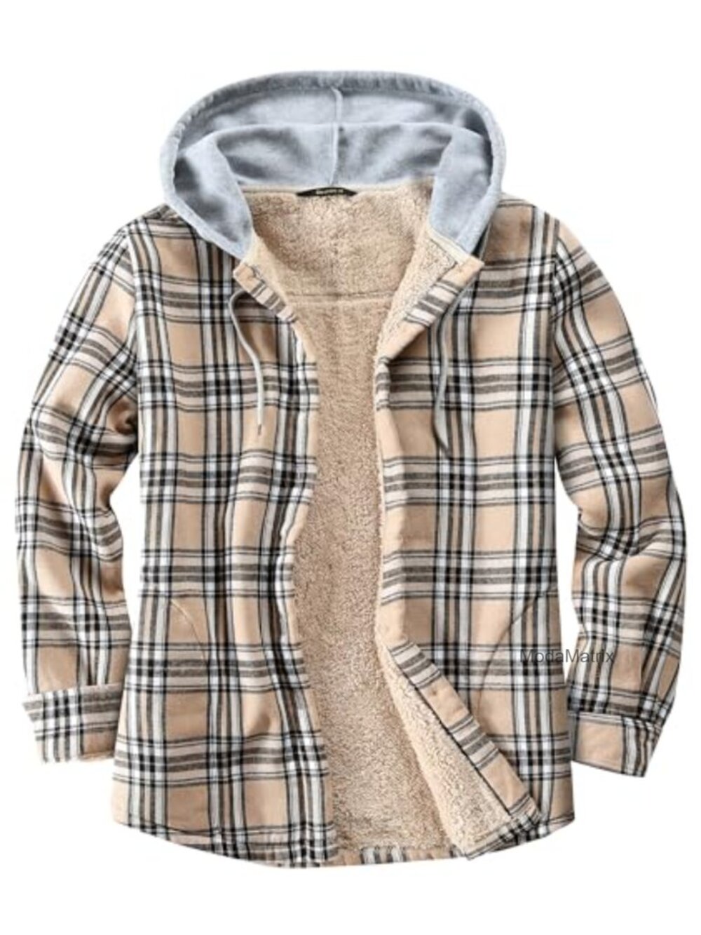 Sherpa Lined Cotton Flannel Shirt Jacket Button Down Hood Plaid